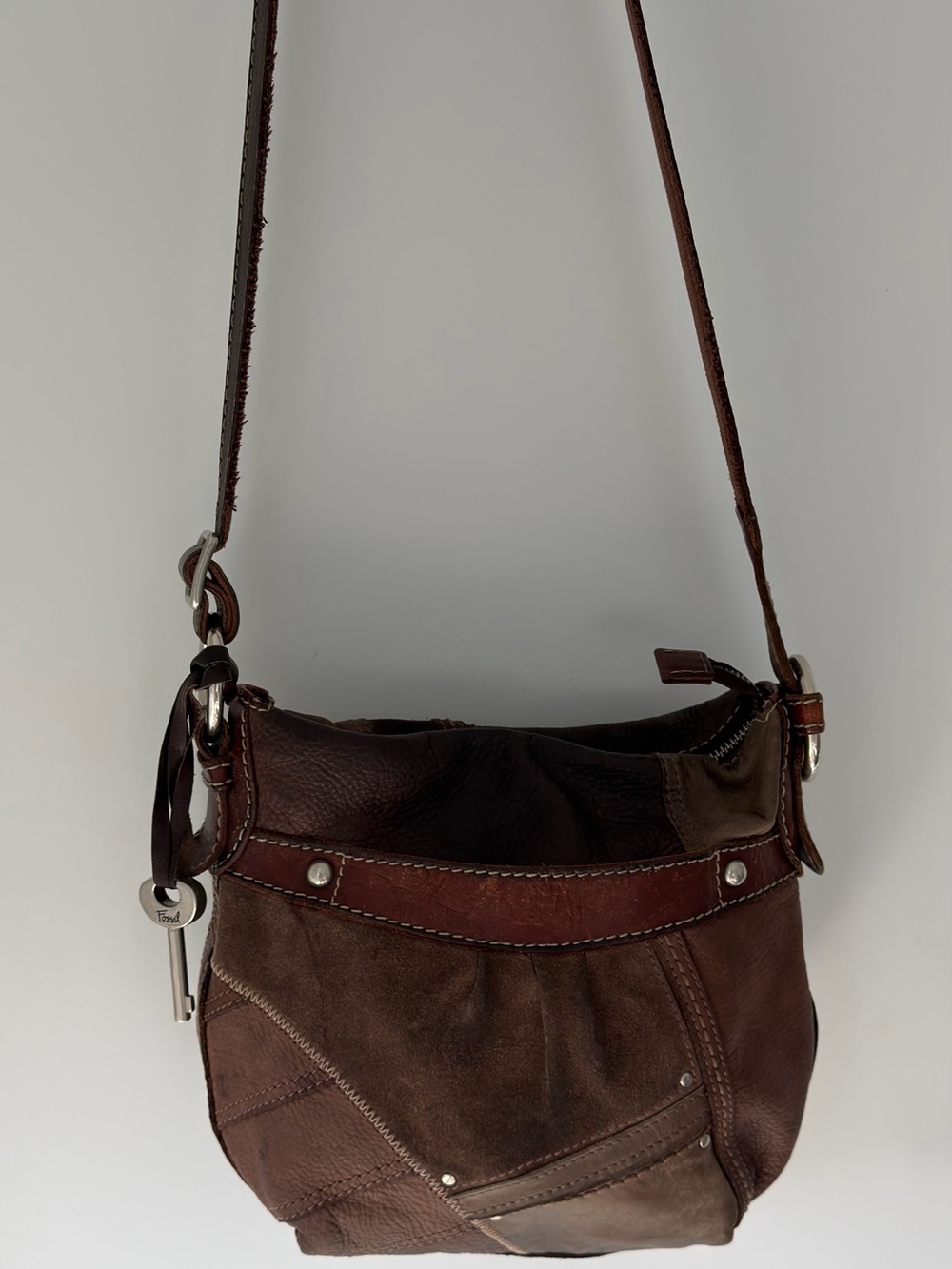 Fossil Patchwork Brown Leather & Suede Messenger Bag - Picture 2 of 10